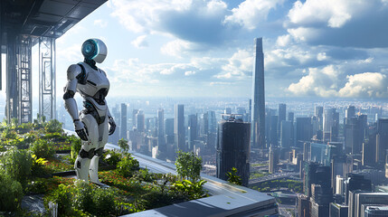 Fototapeta premium An AI-powered robot tending to a rooftop garden