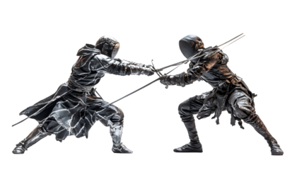 Fencers locked in a duel, frozen mid-action