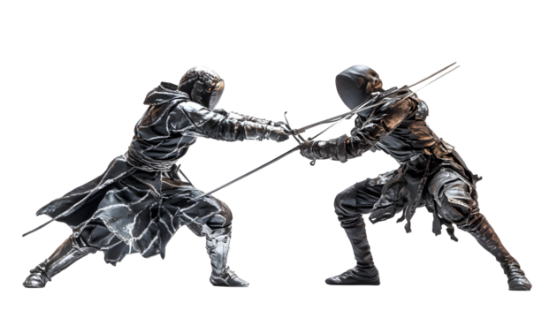 Fencers locked in a duel, frozen mid-action