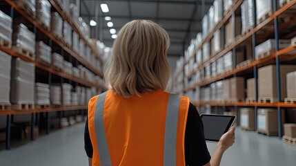 Young woman in safety vest engaged in work, using a tablet to track items while standing next to tall warehouse shelves