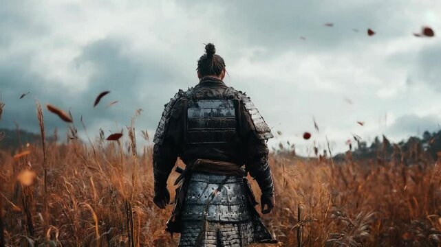 A lone samurai warrior walks across a windswept field, his armour worn out, against a cloudy sky. Fallen leaves scattered in the air create a dramatic and moody scene.