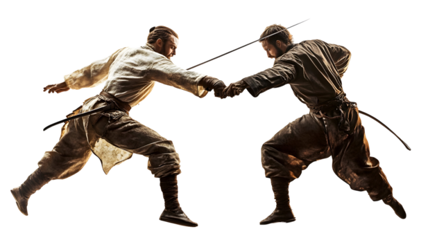 Fencers locked in a duel, frozen mid-action