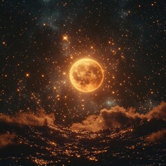 Obraz premium Stunning Full Moon Over Sparkling Ocean at Night Sky