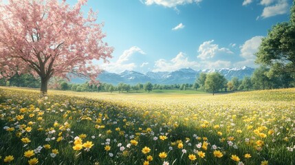 Beautiful spring landscape with blossoming tree and wildflowers under blue sky