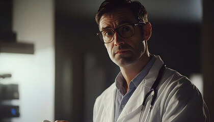 Obraz premium A man in a lab coat and glasses holding something