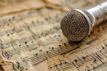 Vintage microphone is resting on a sheet of aged sheet music, evoking a sense of musical history and nostalgia