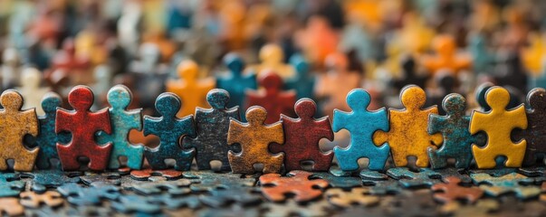 Obraz premium Colorful jigsaw puzzle pieces forming human shapes connecting together