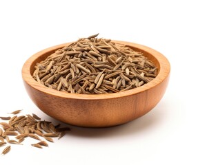 Isolated Caraway Seeds on White Background with Aromatic Wooden Spoon. Spice and Herb Condiment Ingredient
