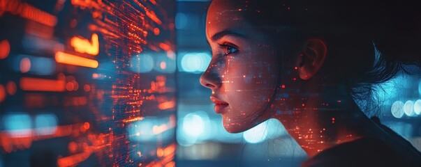 Young woman analyzing digital data with futuristic holographic interface