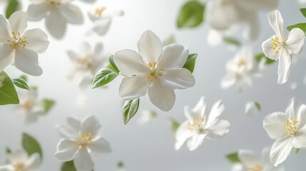 Obraz premium Delicate white apple blossoms and green leaves on a soft background