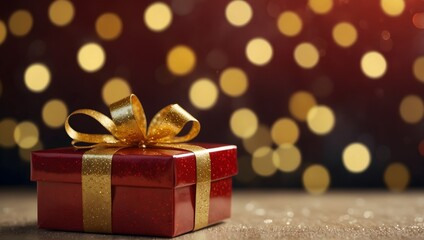 A red gift box with a gold ribbon sits on a wooden surface, in front of a blurred background of golden lights.