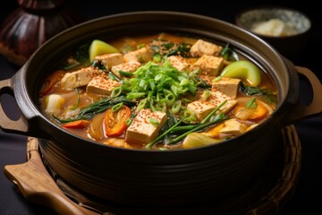 Flavorful soondubu jjigae, a spicy korean stew featuring soft tofu, vegetables, and a rich broth, simmers in a traditional pot