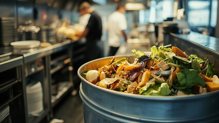 Food waste collected in a bucket in the restaurant kitchen from leftover, used for animal feed, compost fertiliser or energy generation, conserve environment