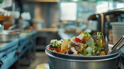 Food waste collected in a bucket in the restaurant kitchen from leftover, used for animal feed, compost fertiliser or energy generation, conserve environment