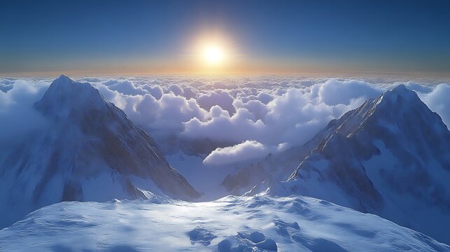 Serene Sunset: Snowy Peaks Above a Sea of Clouds - Powered by Adobe