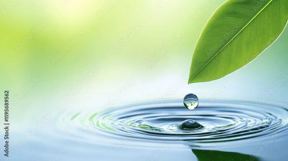 Aufkleber water droplet falling from a vibrant green leaf, creating concentric ripples in a tranquil pond, ref
