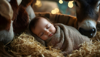 A peaceful baby wrapped in flannel rests in a manger, surrounded by an ox and donkey, symbolizing the nativity and birth of Jesus Christ