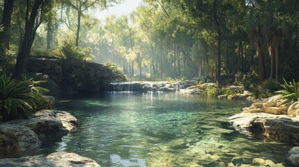Naklejka premium Serene forest stream with sunlit waterfall and lush greenery