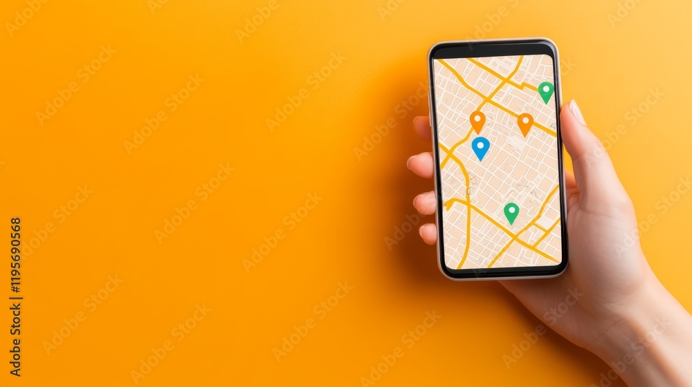Poster Woman is holding mobile phone displaying gps navigation application with marked locations on orange background, concept of online maps and navigation