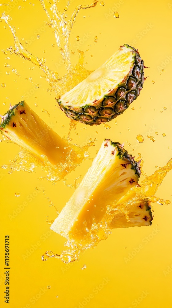 Aufkleber Pineapple slices are suspended in mid air with juice splashing around them against a vibrant yellow backdrop, creating a refreshing and dynamic visual