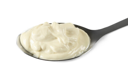 Mayonnaise in metal spoon isolated on white, top view
