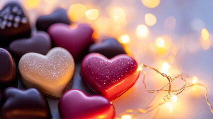 Obraz premium Delicious Heart-Shaped Chocolates Illuminated by Soft Twinkling Lights Creating a Warm Atmosphere