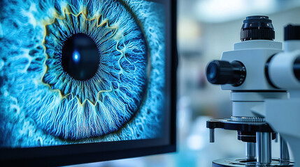High-tech ophthalmology lab showcasing a slit lamp microscope and detailed eye image