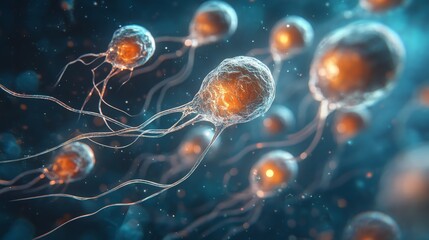 A high-quality 3D rendering of stem cells with glowing light effects, perfect for scientific and educational visuals in cellular biology.