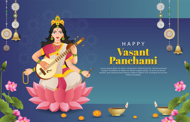 happy vasant panchami background with beautiful woman and indian ornament