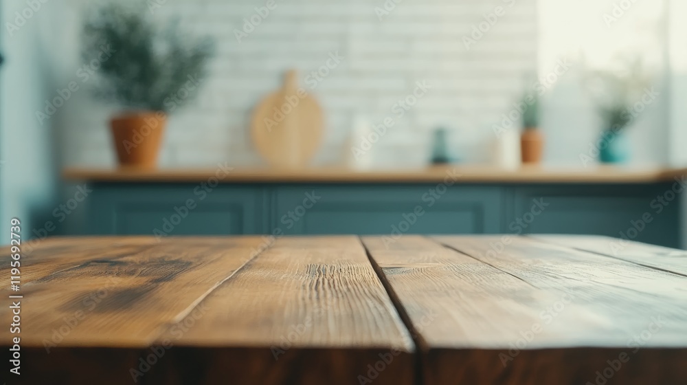 Poster featuring an empty wooden table with a blurred modern kitchen in the background, offering ample copy