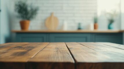 Featuring an empty wooden table with a blurred modern kitchen in the background, offering ample copy space ideal for product placement and stylish presentations