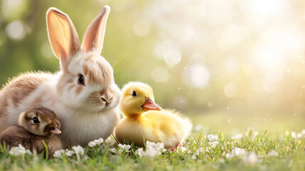Fluffy baby rabbits and ducklings exploring a sunny spring field