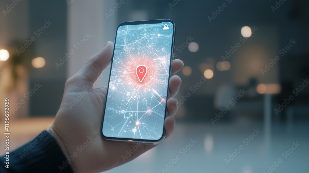 Aufkleber Hand holding smartphone displaying interactive map with location pin, showcasing gps navigation and location tracking technology in modern business setting
