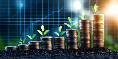 Visualize finance and business growth through an investment graph. Coin development and stock data blend with market growth And Investment Concept


