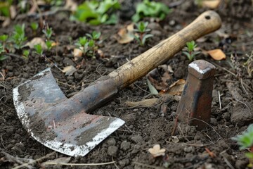 Rusty garden adze lying on the ground next to an anvil, gardening concept