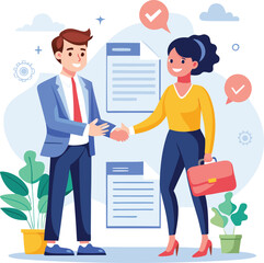 People shaking hands at work - Two businesspeople, man and woman doing handshake in office at work while smiling over business agreement and deal. Flat design stock illustration on white background