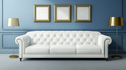A hyperrealistic living room with a white sofa on a grey carpet, blue walls, three empty picture frames above, and a gold lamp beside the couch