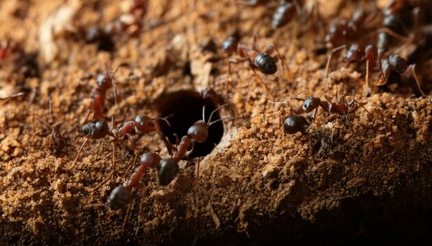 close up of ants guarding in front of the nest, ant nest background, copy space - Powered by Adobe
