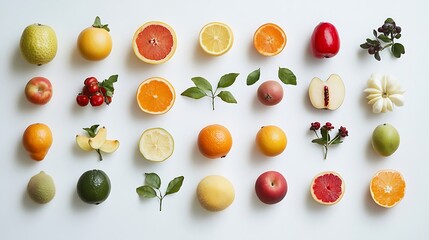 A collection of different fruits beautifully arranged on a white background, highlighting their...