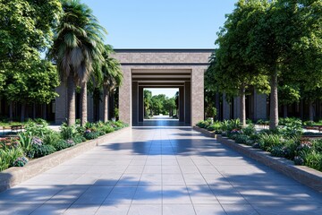 Obraz premium Modern architectural pathway surrounded by lush greenery in urban landscape serene viewpoint for relaxation