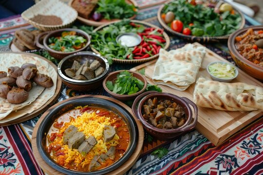 Vibrant and delicious spread of traditional uzbek food, featuring various dishes and ingredients beautifully arranged on a table