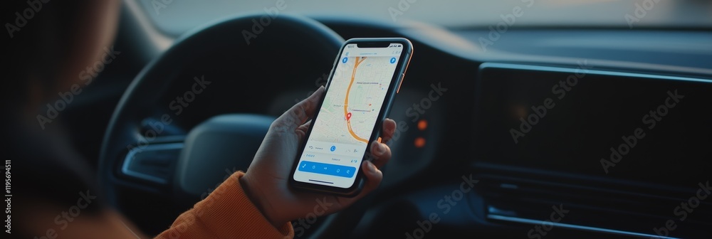 Poster Close up of a driver's hand holding smartphone displaying navigation app with map and route, providing real time location and directions while driving a car, ensuring safe and efficient travel