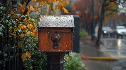 Rain-soaked mailbox on a rainy autumn day.