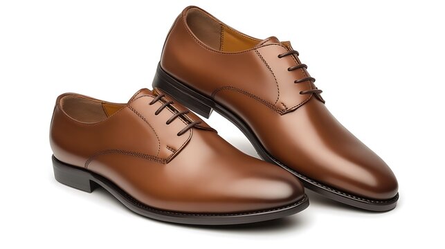 A classic pair of leather shoes placed on a white background, emphasizing their craftsmanship