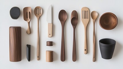 A flat lay of kitchen utensils arranged neatly on a white background, emphasizing their functionality