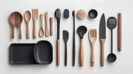 A flat lay of kitchen utensils arranged neatly on a white background, emphasizing their functionality