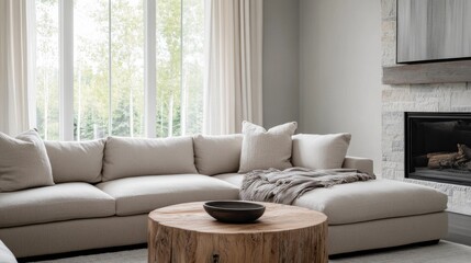 Modern Living Room with Beige Sectional Sofa and Stone Fireplace