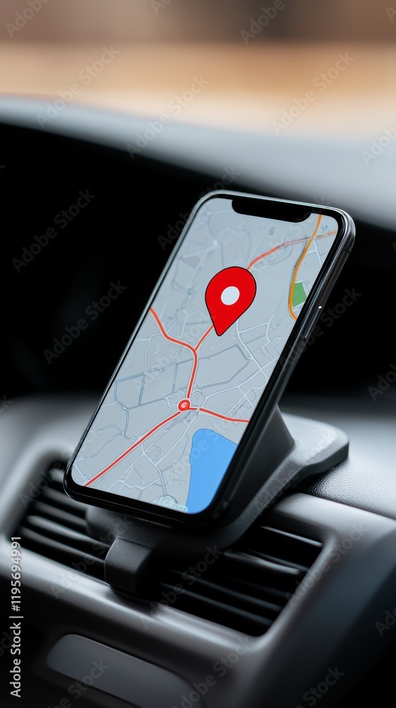 Poster Mobile phone displaying a map with a highlighted route and destination point, securely positioned on a car dashboard near the air conditioning grid, assisting the driver with navigation