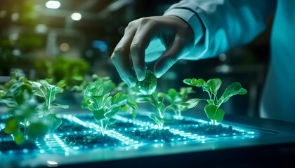 A professional showcasing innovative plant technology with holographic features, representing sustainability and growth in business