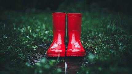 A pair of red boots on wet grass surrounded by puddles